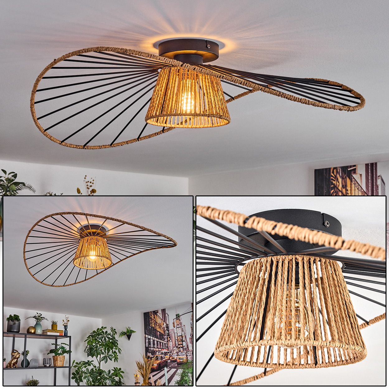 Eine moderne Deckenleuchte mit gewebtem Lampenschirm und schwarzem Metallrahmen. Das Licht ist an und wirft einen warmen Schein.