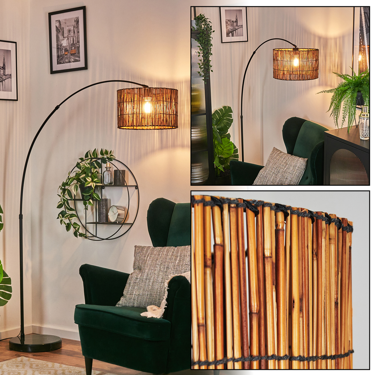 Ein Raum mit einer Stehlampe, einem grünen Sessel und einem runden Regal mit Pflanzen und Dekoration. Die Lampe hat einen gewebten Schirm.