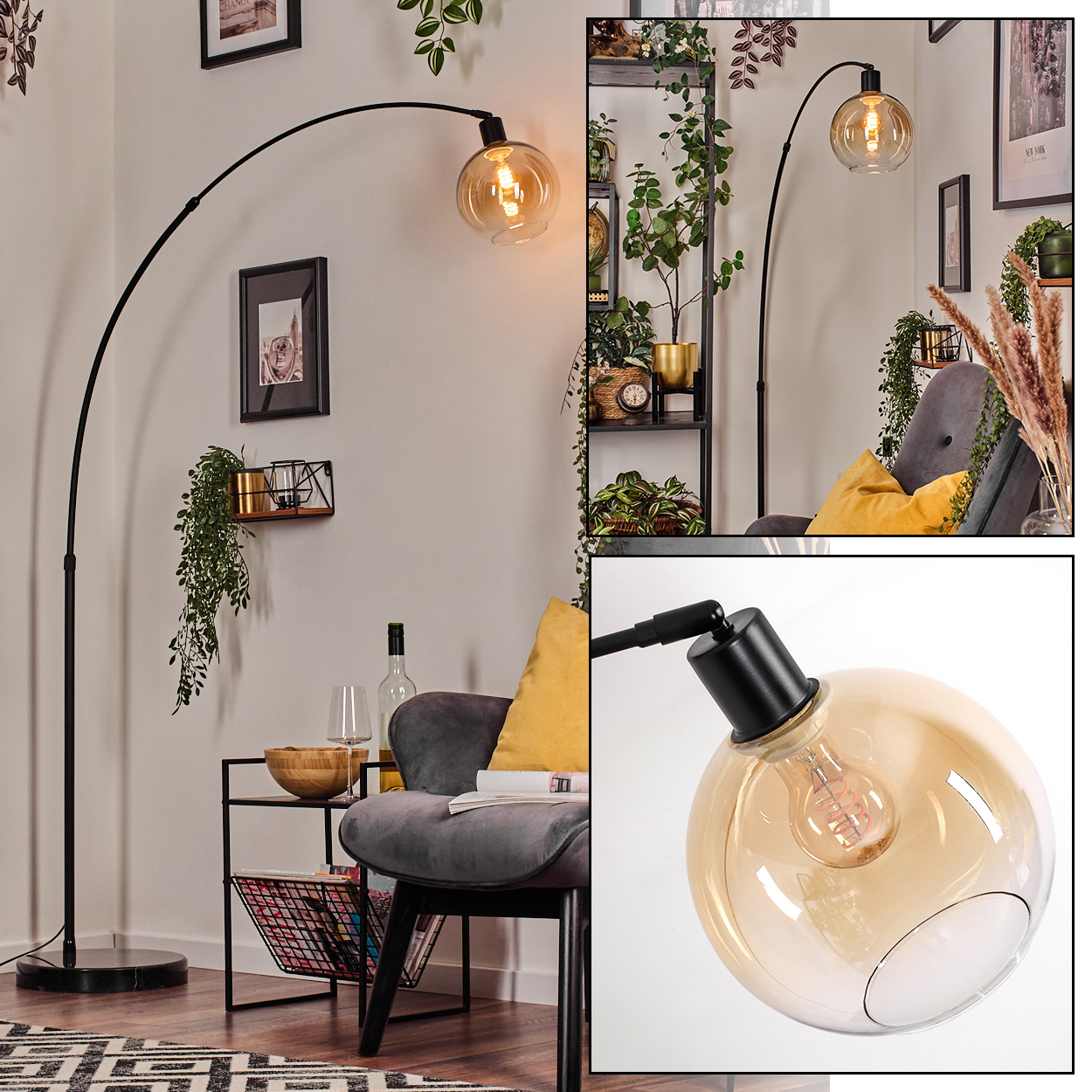 Ein modernes Wohnzimmer mit einer schwarzen Bogenlampe, einem grauen Stuhl und einem kleinen Beistelltisch. Pflanzen und Bilder schmücken die Wände.