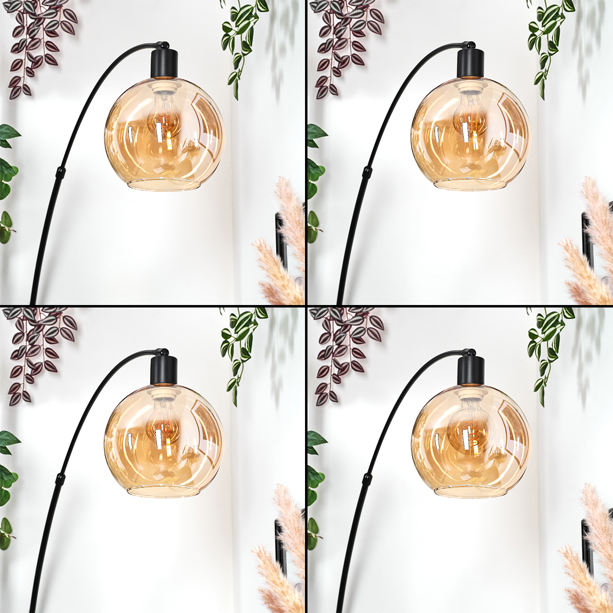 Eine moderne Lampe mit einem kugelförmigen, bernsteinfarbenen Glasschirm, einem schwarzen Metallarm und einer Glühbirne. Der Hintergrund ist weiß mit Pflanzen.