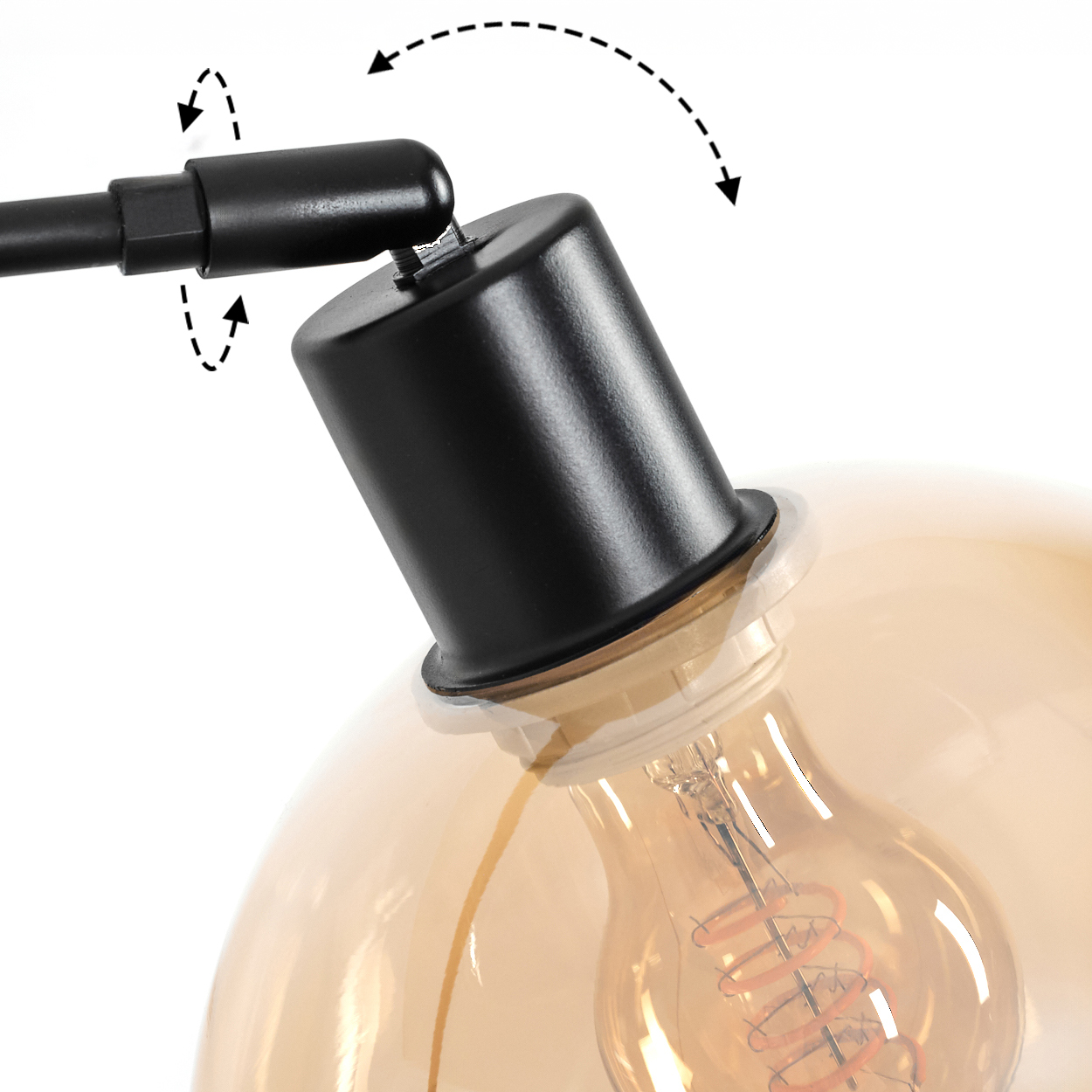 Nahaufnahme eines schwarzen Lampengelenks mit Pfeilen. Eine große, warmtonige Glühbirne ist teilweise sichtbar.