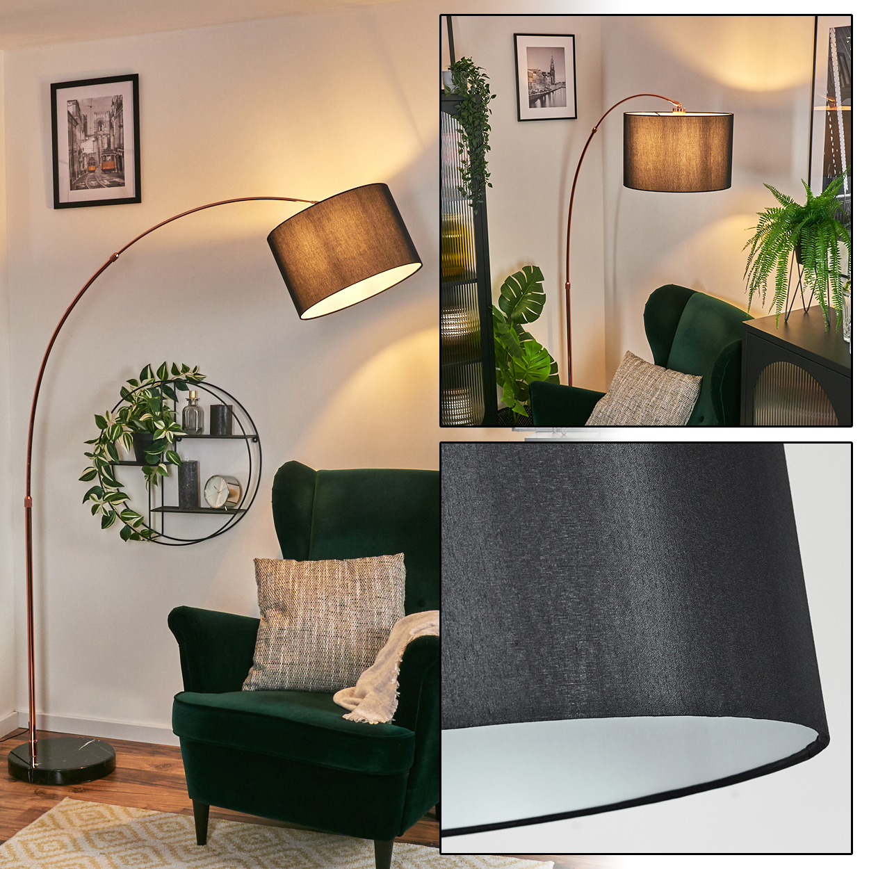 Ein modernes Wohnzimmer mit grünem Sessel, schwarzer Lampe, rundem Regal mit Pflanzen und gerahmten Bildern an der Wand.