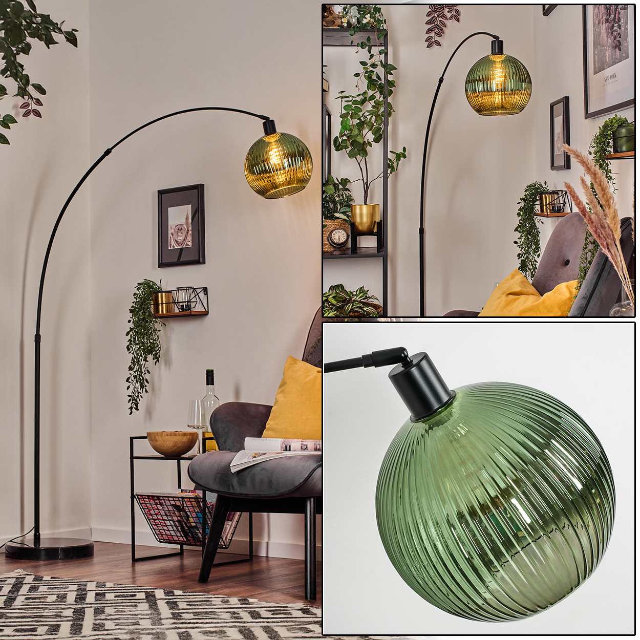 Modernes Wohnzimmer mit grüner Glaslampe, grauem Sessel und Zierpflanzen. Die Lampe hat einen schwarzen Ständer.
