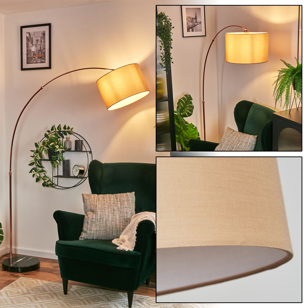 Ein modernes Wohnzimmer mit einer großen, bogenförmigen Stehlampe, einem grünen Sessel und dekorativen Pflanzen. Beigefarbener Lampenschirm und Kissen.