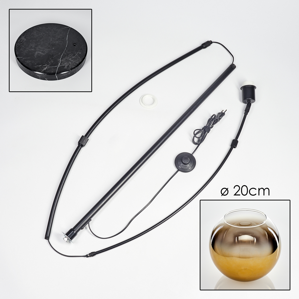 Zerlegte Stehlampe mit Marmorsockel, schwarzem Mast und Glasschirm. Teile liegen auf weißer Oberfläche.