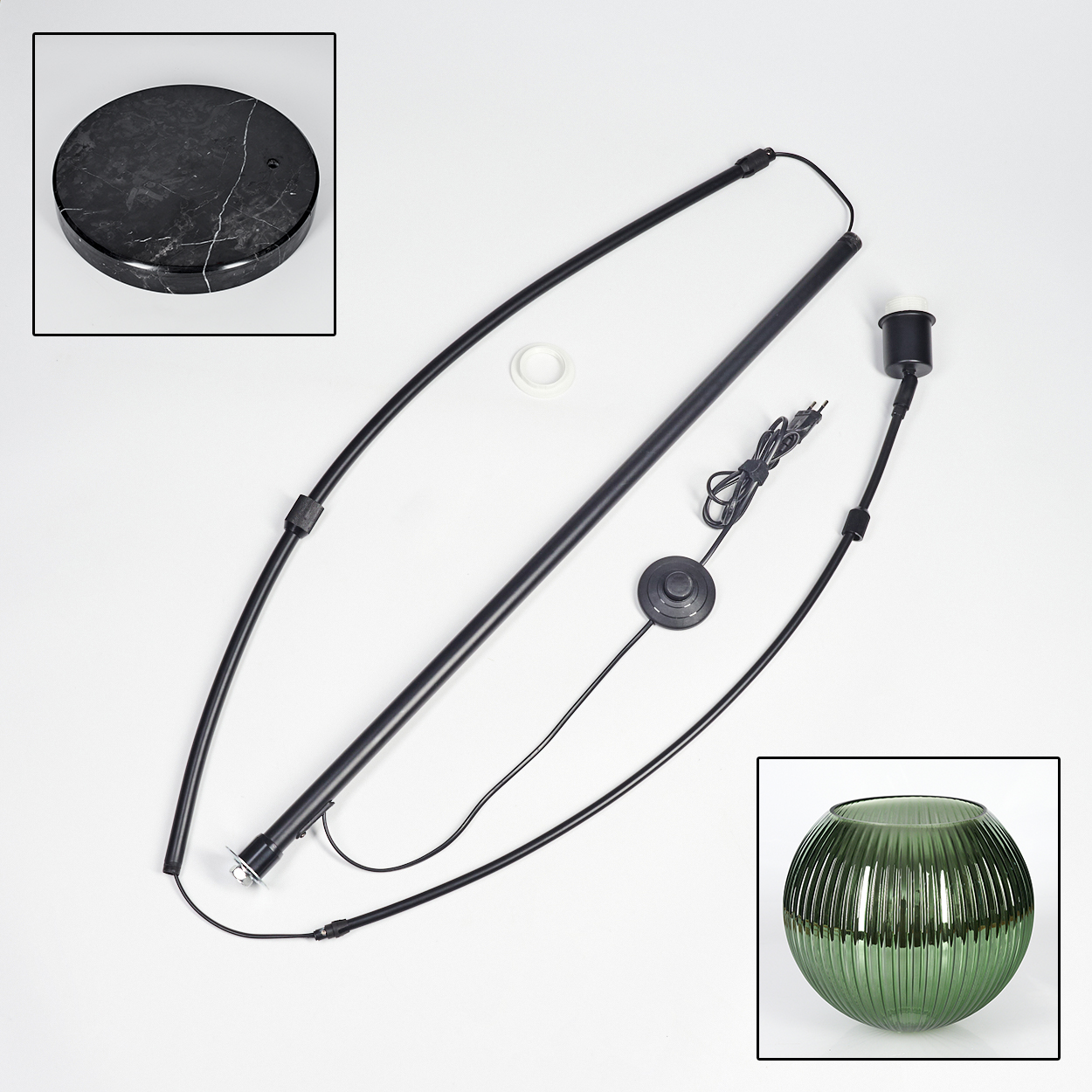 Zerlegte Stehlampe mit Marmorsockel und grünem Glasschirm. Komponenten umfassen einen schwarzen Mast, Drähte und einen Fußschalter.