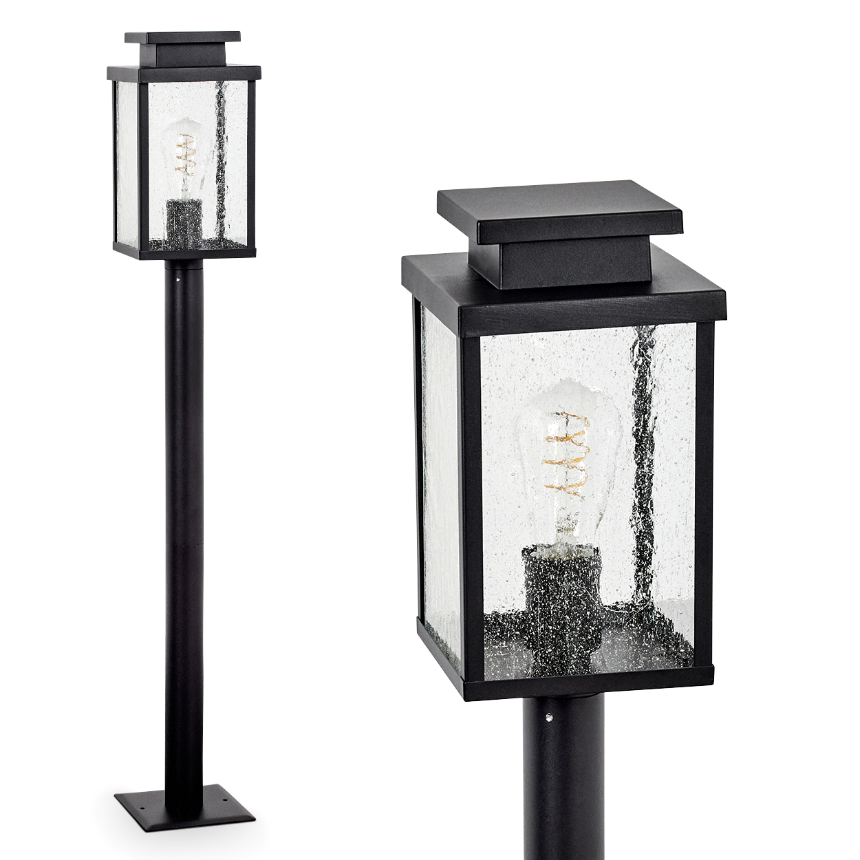 Zwei schwarze Außenlampen auf weißem Hintergrund. Jede hat einen quadratischen Glasschirm mit einer Glühbirne.
