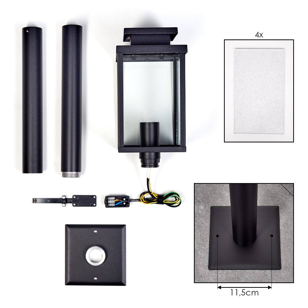 Schwarze Außenlampenteile: Stangen, Lampe, Sockel und elektrische Komponenten, plus 4 weiße Paneele, alles auf weißem Untergrund.