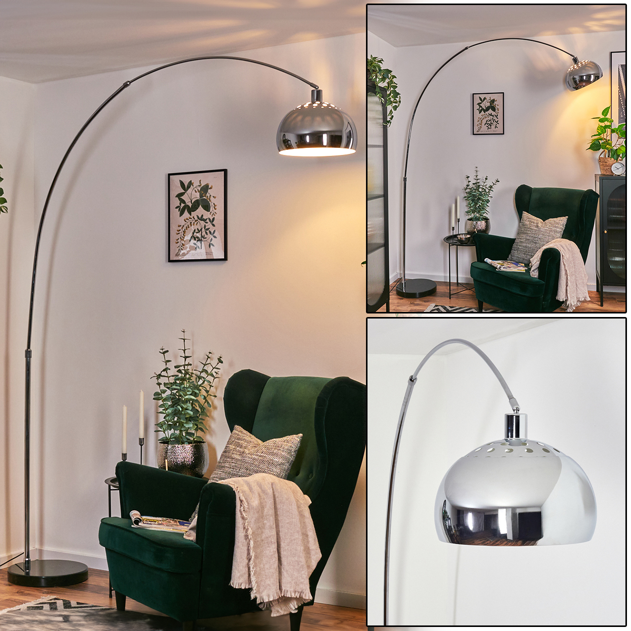 Ein modernes Wohnzimmer mit grünem Sessel, einer hohen Bogenlampe und einem gerahmten Bild an der Wand.