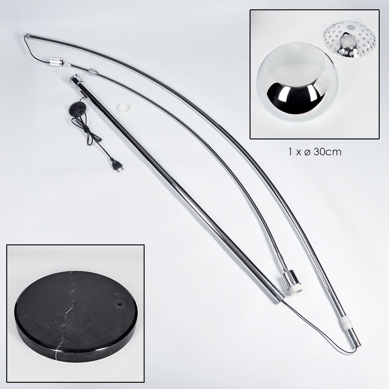 Zerlegte Teile einer modernen Bogenlampe auf weißem Hintergrund. Enthält Basis, gebogene Metallstützen, Globus und Schirm.