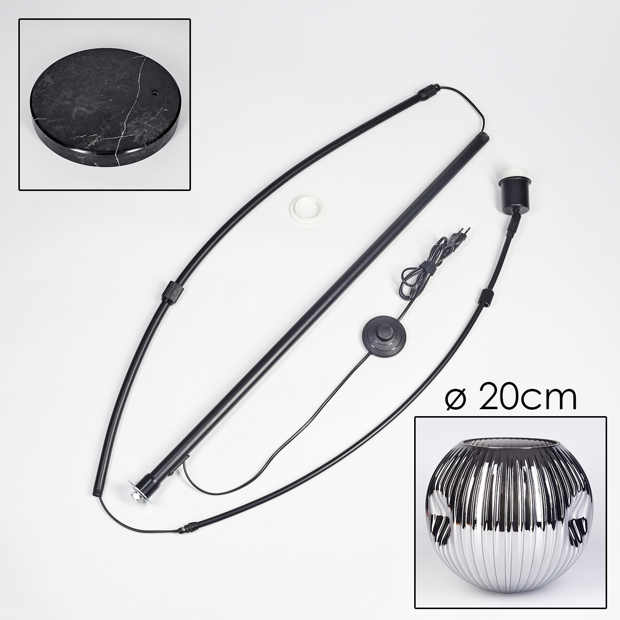 Zerlegte Stehlampe mit schwarzen Metallteilen, runder Marmorsockel, Lampenfassung und dekorativem silber-schwarzem Glasschirm.