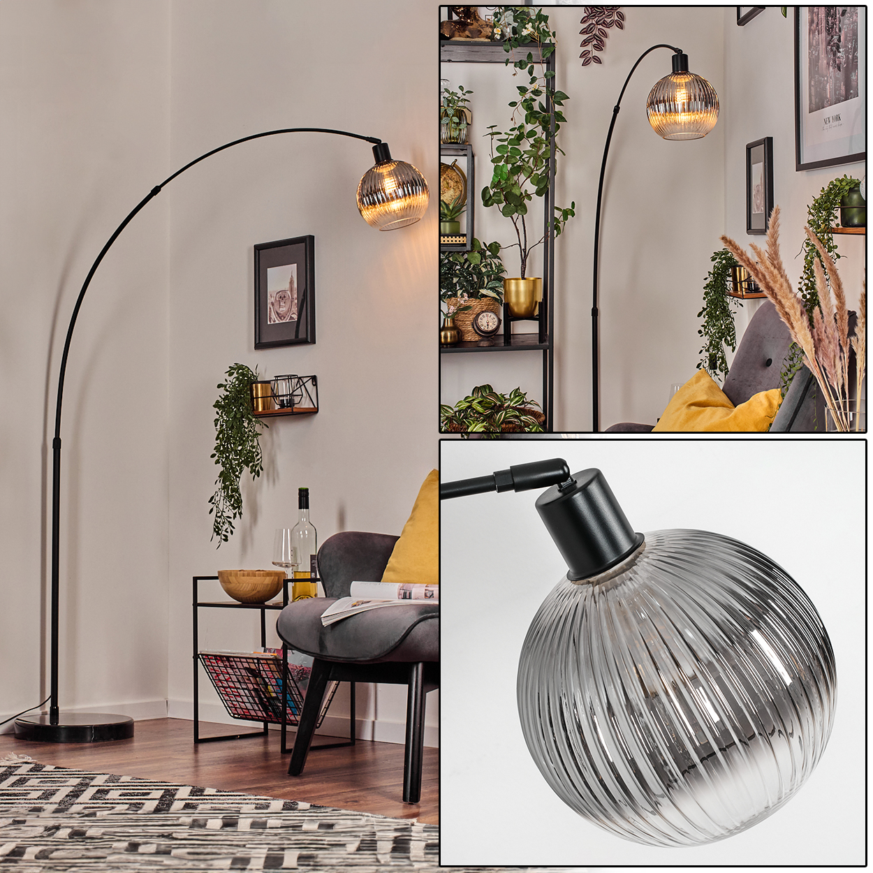 Eine moderne Stehlampe mit einem Glasschirm befindet sich in einem Raum. Ein Stuhl, ein Beistelltisch und Pflanzen sind sichtbar.