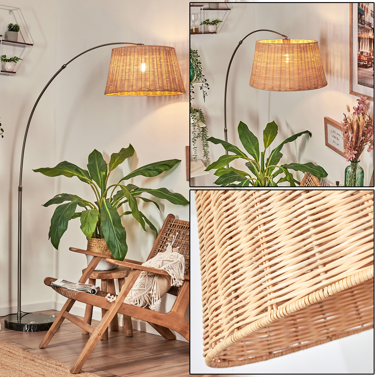 Ein Raum mit einer Stehlampe mit gewebtem Lampenschirm, einem Holzstuhl und Pflanzen. Die Lampe ist an und beleuchtet den Raum.