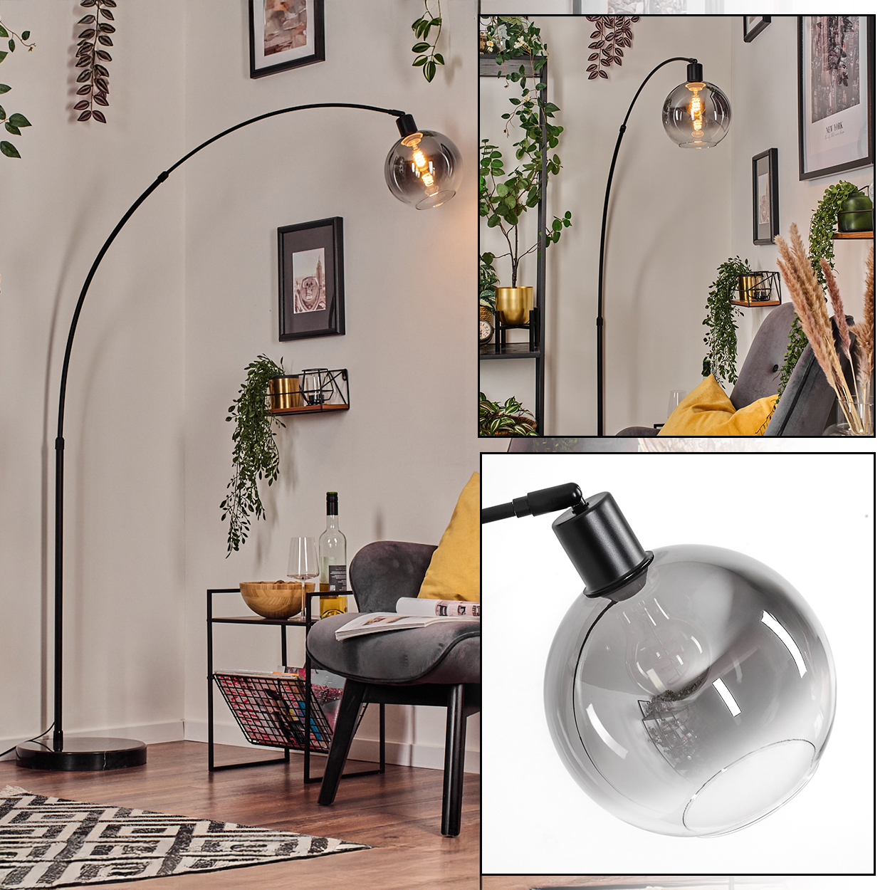 Ein modernes Wohnzimmer mit einer schwarzen Bogen-Stehlampe, einem grauen Stuhl und einem Beistelltisch. Pflanzen und Dekorationen sind sichtbar.