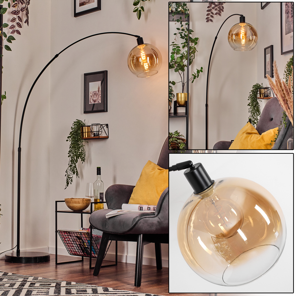 Ein modernes Wohnzimmer mit einer schwarzen Bogenlampe, einem grauen Sessel und einem Beistelltisch. Die Lampe hat eine große bernsteinfarbene Glühbirne.