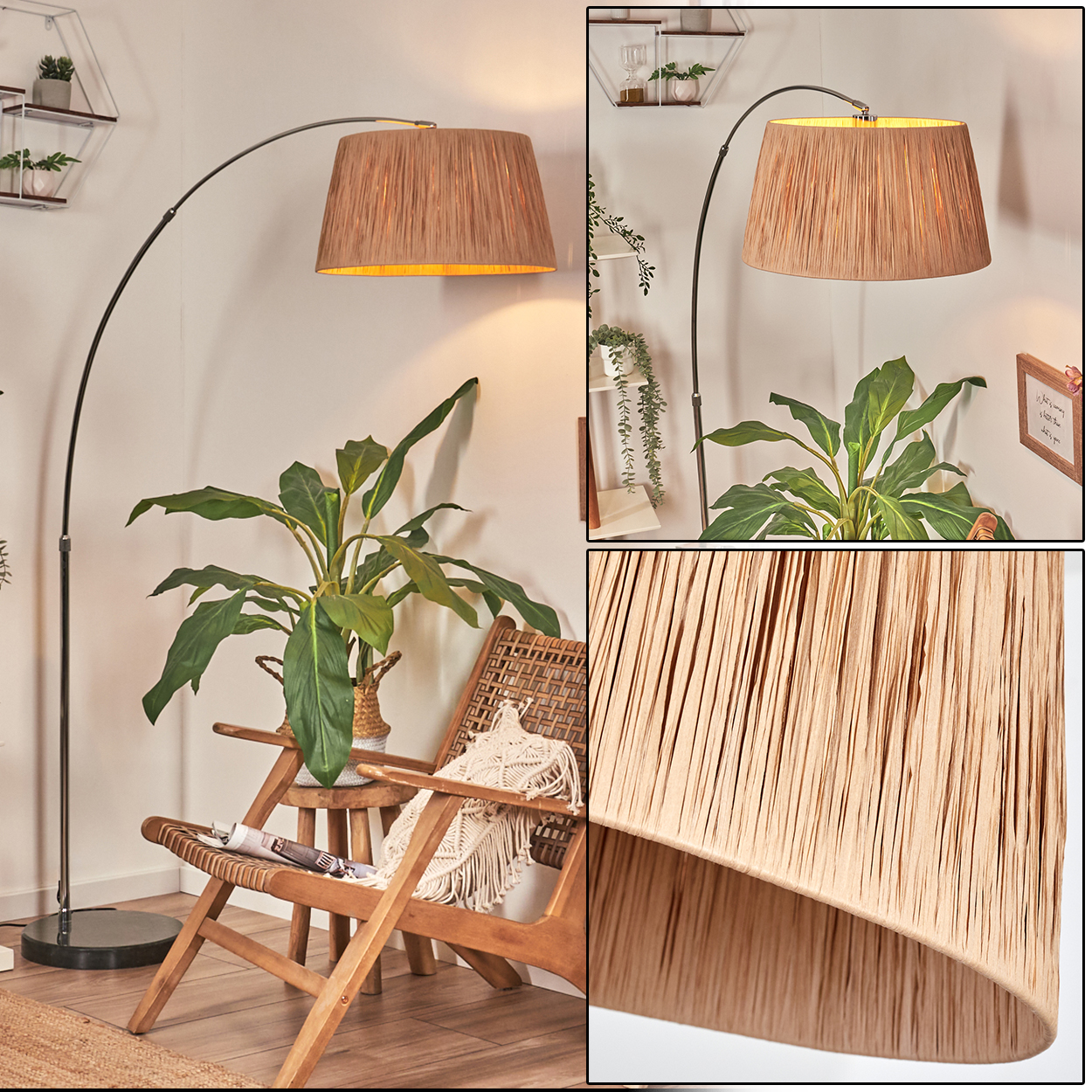 Beigefarbener Lampenschirm, Holzstuhl und Pflanze. Die Szene spielt sich drinnen ab, mit natürlichem Licht. Die Lampe spannt sich über die Szene.