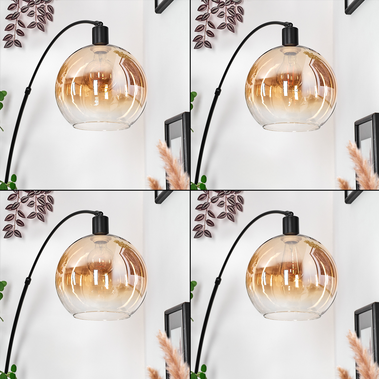 Vier Lampen mit kugelförmigen, bernsteinfarbenen Glasschirmen, schwarzen Armen und Zierpflanzen vor einer weißen Wand.