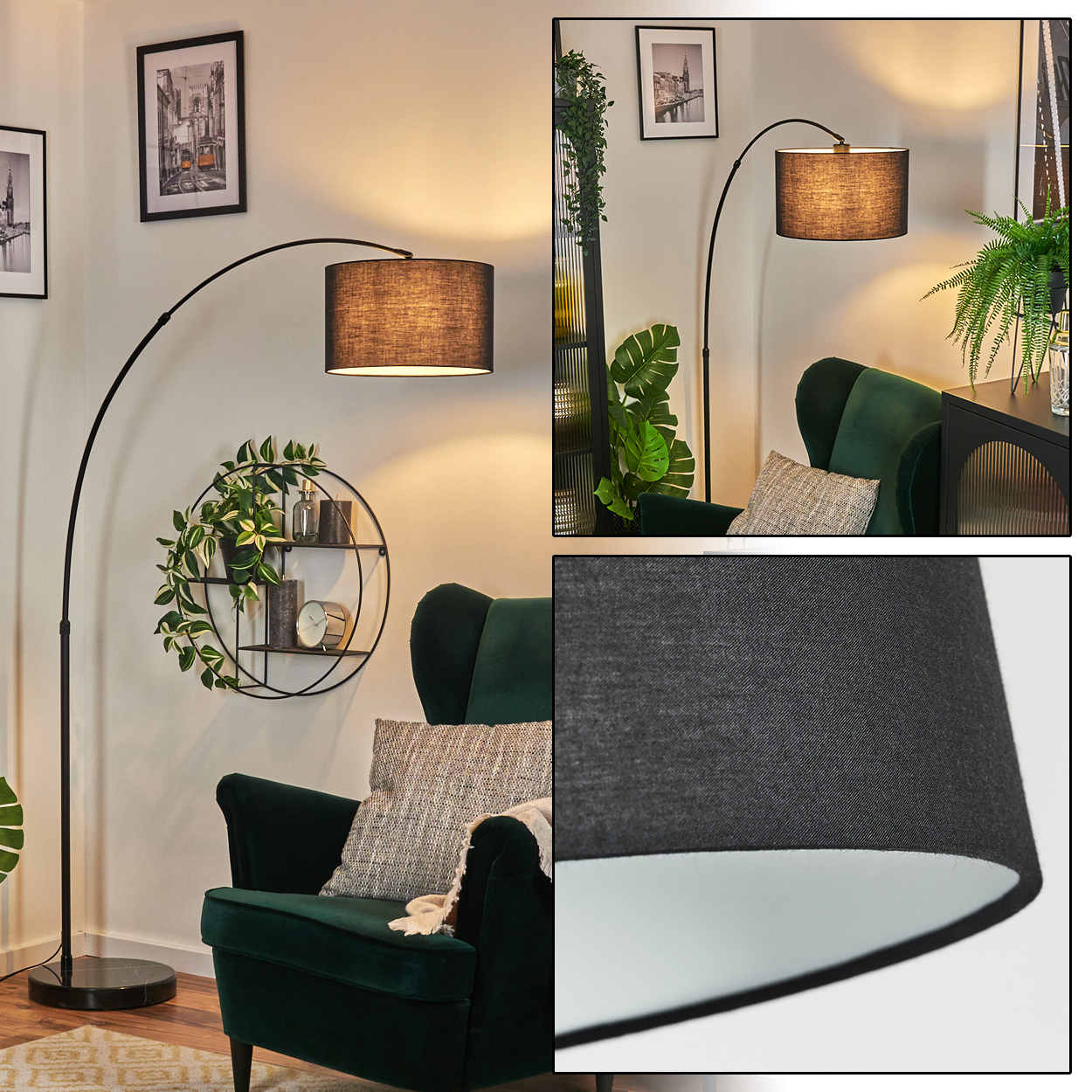 Ein modernes Wohnzimmer mit einer schwarzen Bogen-Stehlampe, einem grünen Sessel und gerahmten Bildern an der Wand.