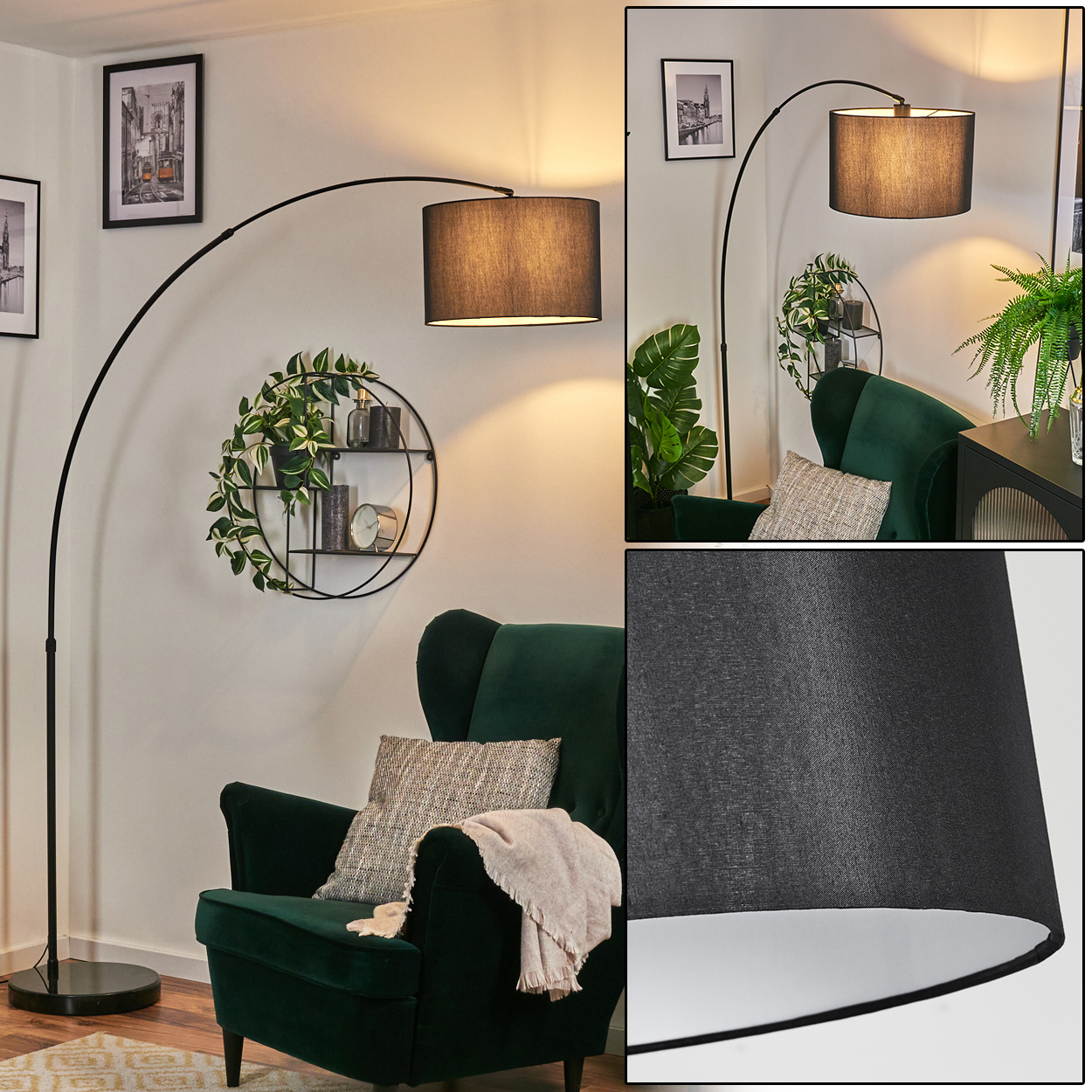 Ein modernes Wohnzimmer mit grünem Sessel, schwarzer Stehlampe und rundem Wandregal mit Pflanzen.