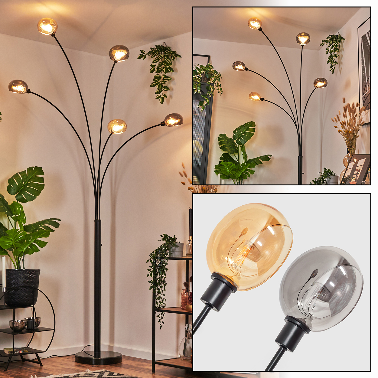 Eine moderne Stehlampe mit sechs Kugelleuchten. Die schwarze Lampe ist von Pflanzen und Regalen umgeben. Zwei Nahaufnahmen von Glühbirnen sind zu sehen.