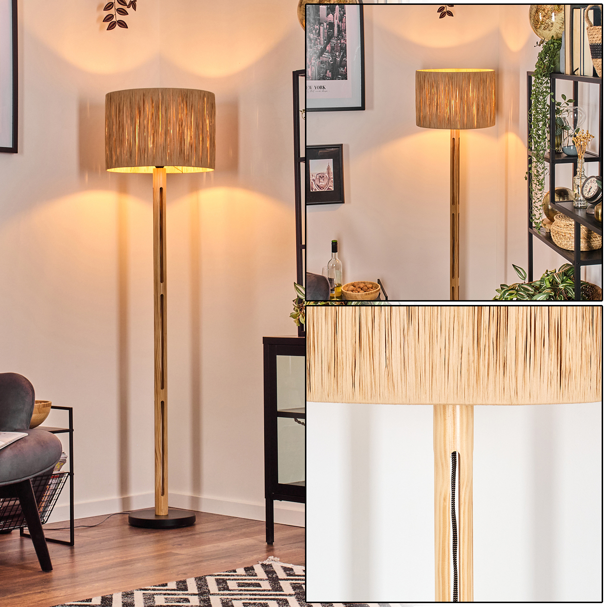 Eine Stehlampe mit beigem Lampenschirm steht in einem Raum. Die Lampe hat einen Holzrahmen, und der Hintergrund zeigt Möbel und Dekorationen.