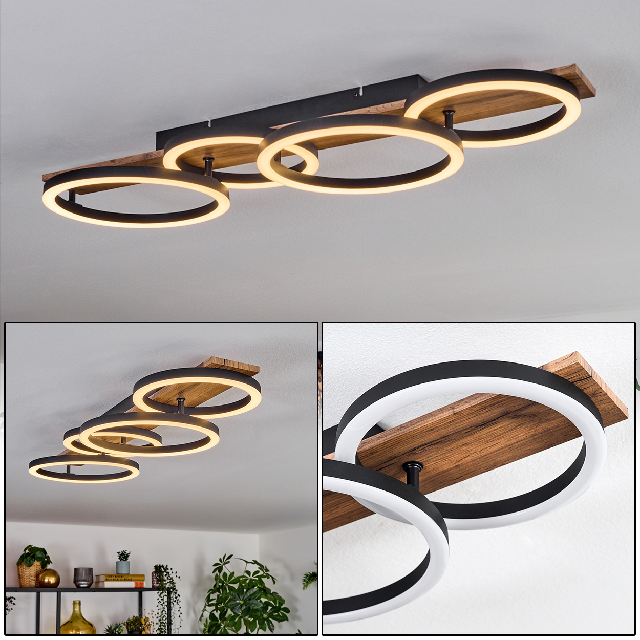 Moderne Deckenleuchte mit schwarzen Ringen und Holzakzenten. Ringe sind mit warmweißem Licht beleuchtet. Der Hintergrund ist eine weiße Decke.