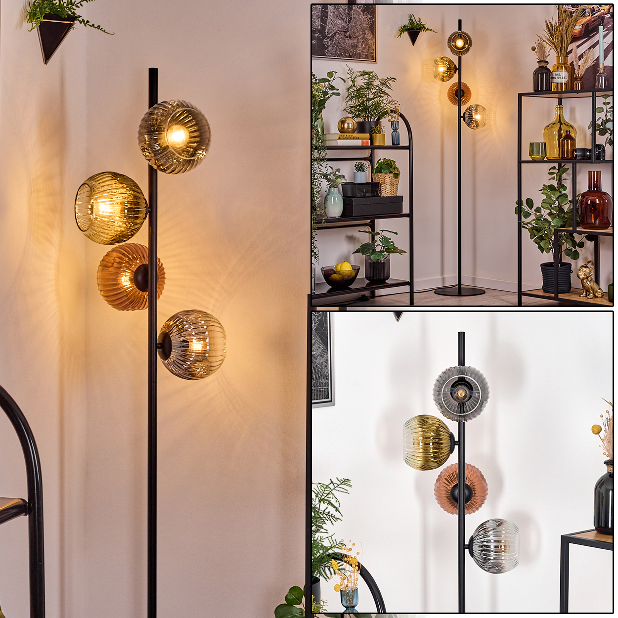 Eine moderne Stehlampe mit vier Glaskugeln in verschiedenen Farben. Sie steht in einem Raum mit Regalen, Pflanzen und Deko-Artikeln.