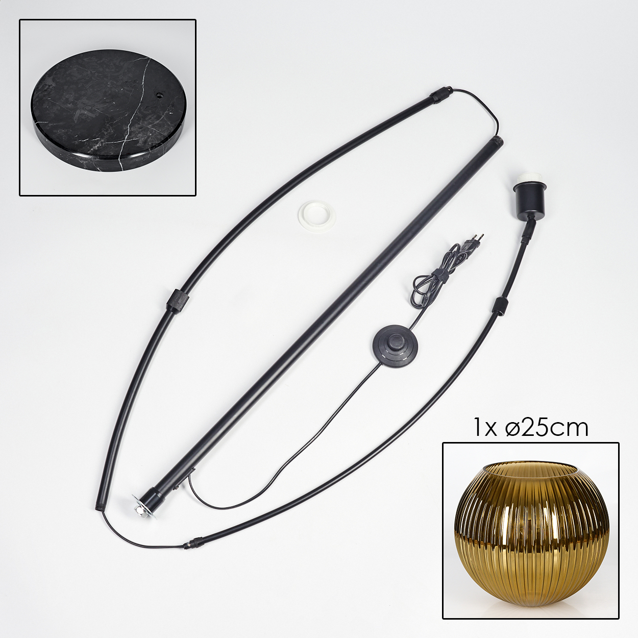 Zerlegte Lampe mit Marmorsockel, schwarzem Stab, Kabeln und goldfarbenem, geripptem Glasschirm.