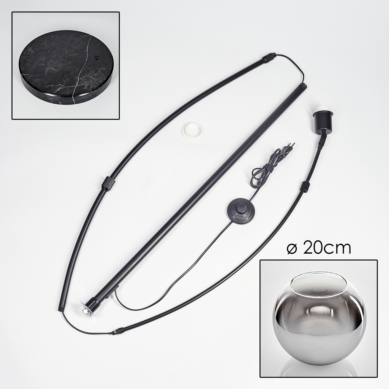 Zerlegte Teile einer schwarzen Stehlampe. Enthält einen Marmorsockel, einen Metallständer, einen Fußschalter, eine Glühbirnenfassung und eine silberne Kugel.