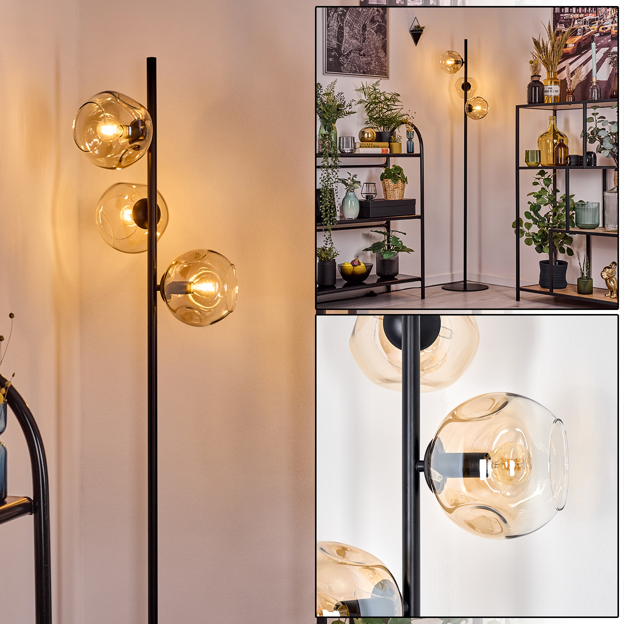 Eine moderne Stehlampe mit drei Glaskugelschirmen. Die schwarze Lampe steht in einem Raum mit Regalen und Pflanzen.