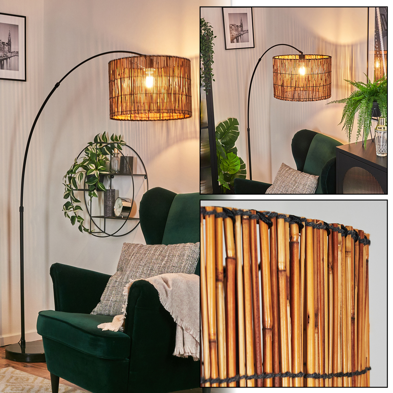 Ein dunkelgrüner Sessel, eine gewebte Lampe und eine schwarze, bogenförmige Stehlampe. Pflanzen und Dekorationen füllen den Raum.