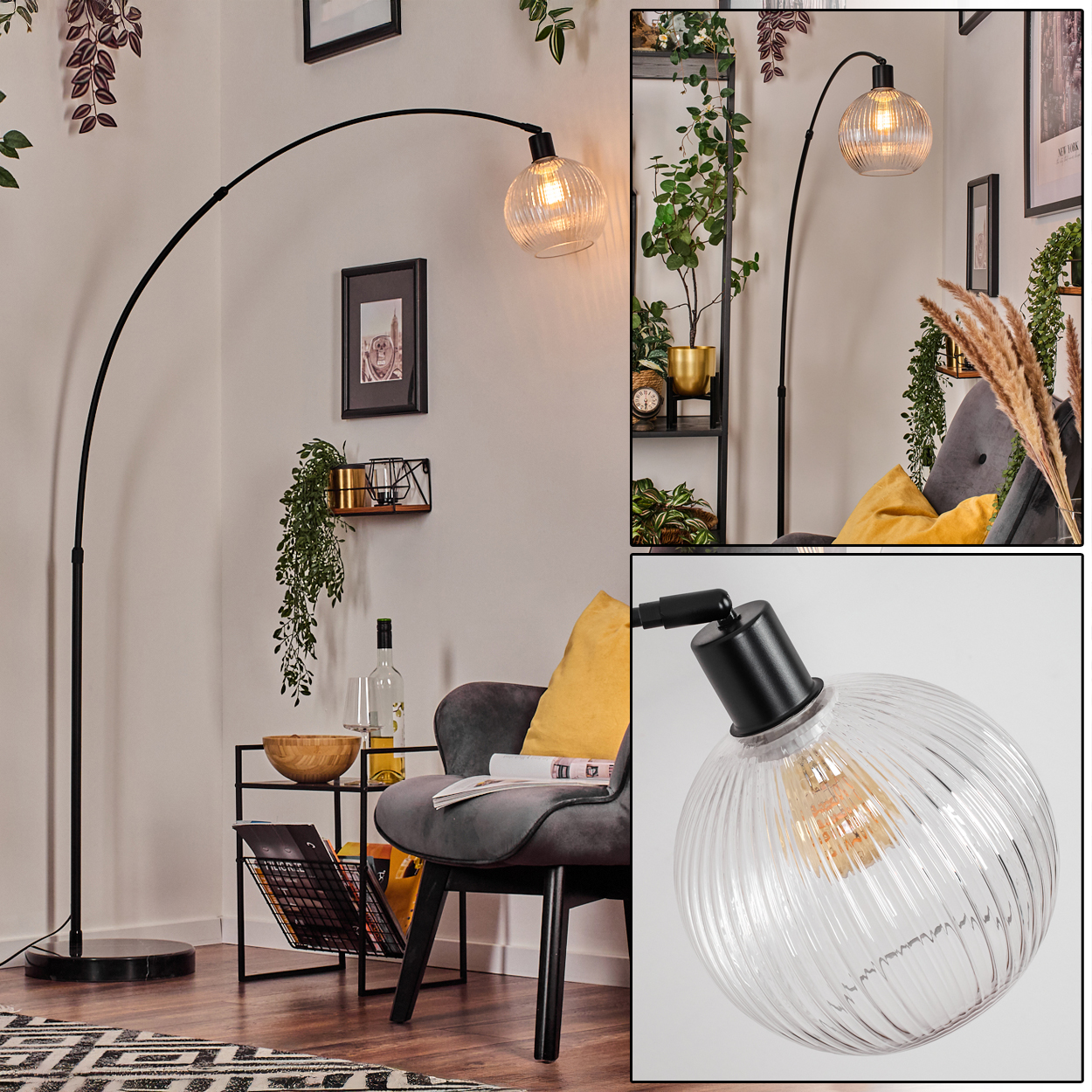 Ein modernes Wohnzimmer mit einer schwarzen Stehlampe, einem grauen Stuhl und dekorativen Pflanzen. Die Lampe hat eine Glaskugel.