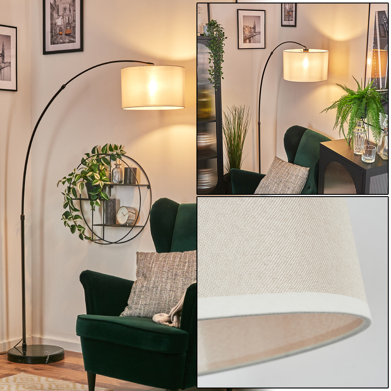 Ein modernes Wohnzimmer mit grünem Sessel, Stehlampe und Wandkunst. Ein beiger Lampenschirm strahlt warmes Licht aus.