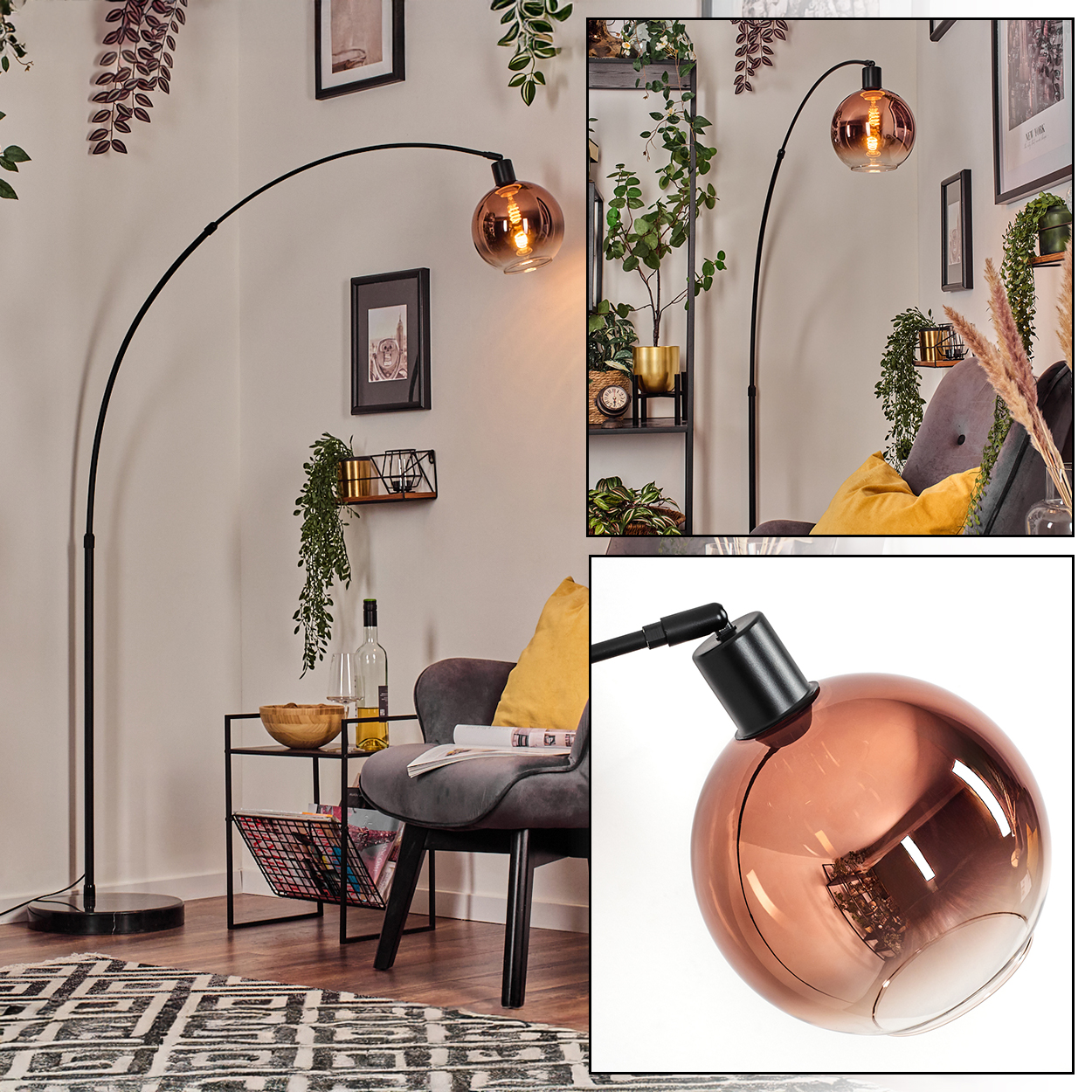Ein modernes Wohnzimmer mit einer schwarzen Bogen-Stehlampe. Es gibt einen grauen Sessel, Pflanzen und einen gemusterten Teppich.