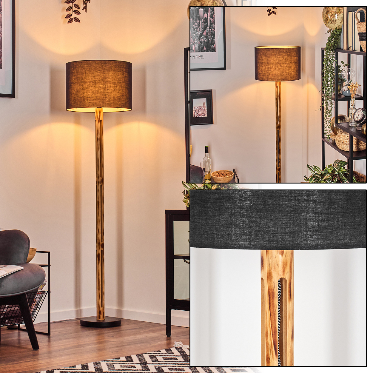 Eine Stehlampe mit schwarzem Lampenschirm und Holzfuß. Sie steht in einem Raum mit Teppich und Möbeln, was eine gemütliche Atmosphäre schafft.