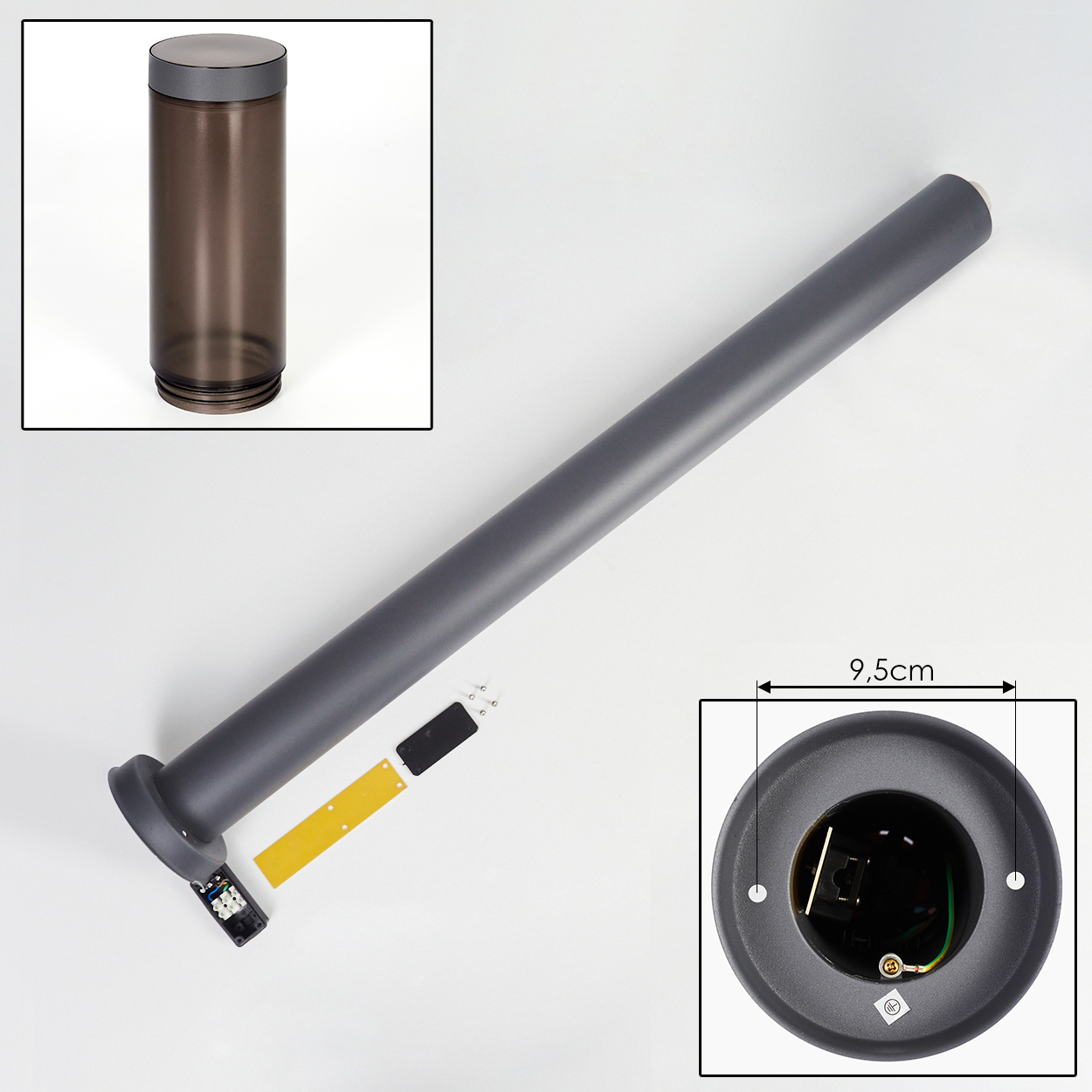 Graue zylindrische Lampenteile auf weißem Hintergrund, einschließlich Lampe, Abdeckung, Elektrokomponenten und Sockel mit 9,5 cm Markierung.