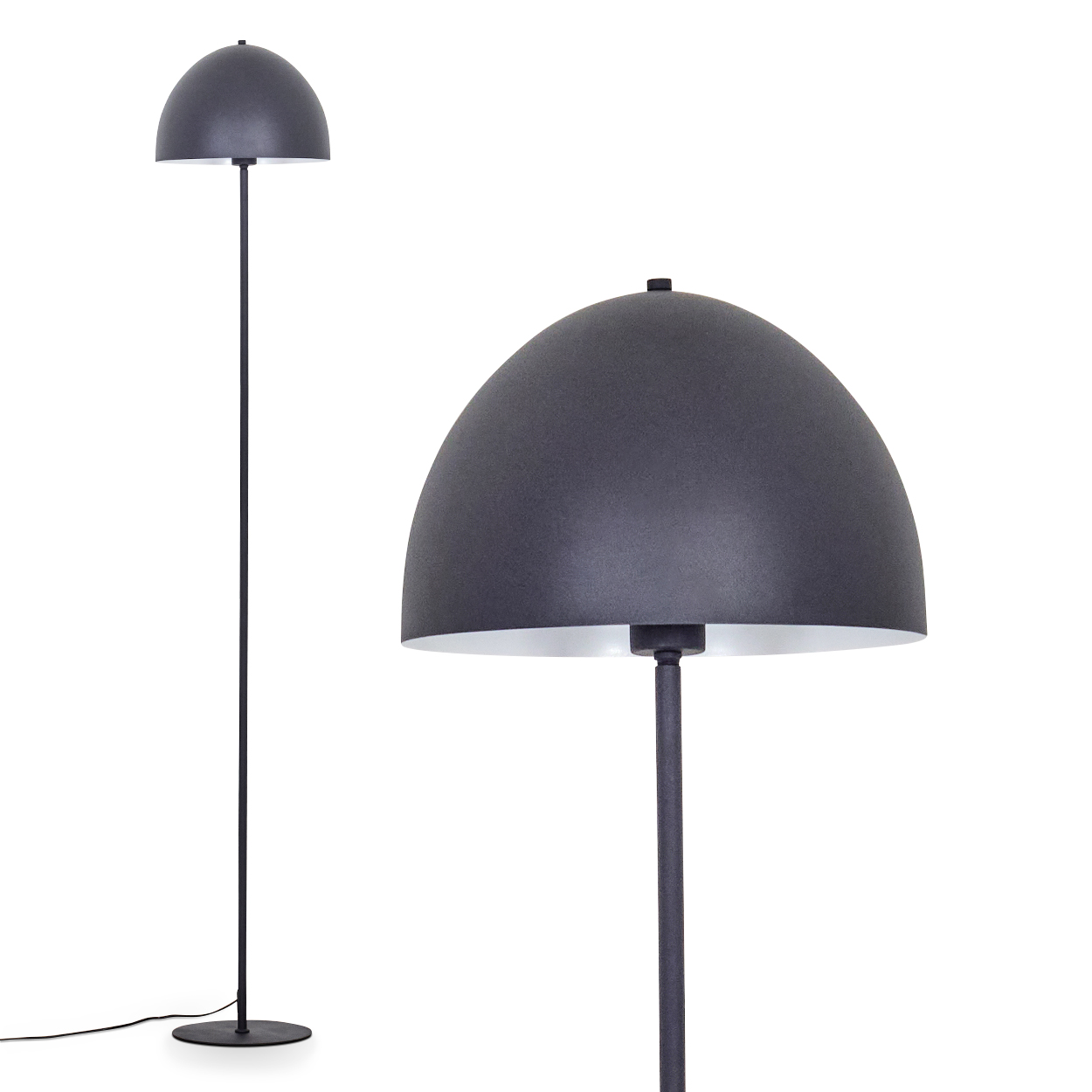 Eine dunkelgraue Stehlampe mit halbkugelförmigem Schirm und einem hohen, schlanken schwarzen Stiel. Der Sockel ist kreisförmig.