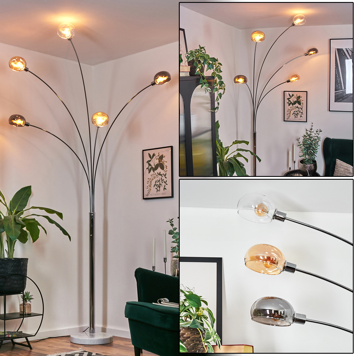 Eine moderne Stehlampe mit gebogenen Armen, die runde Leuchten halten. Pflanzen und ein grüner Sessel im Hintergrund.