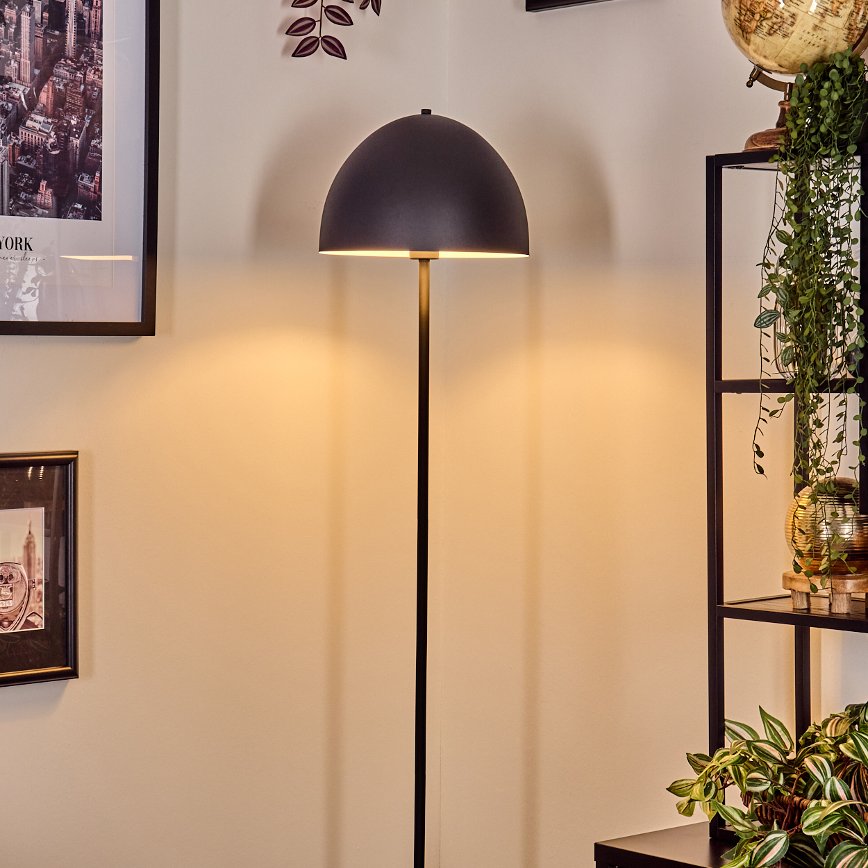 Eine moderne schwarze Stehlampe mit Halbkugel-Schirm. Im Hintergrund befinden sich gerahmte Bilder, Regale mit Pflanzen und ein Globus.