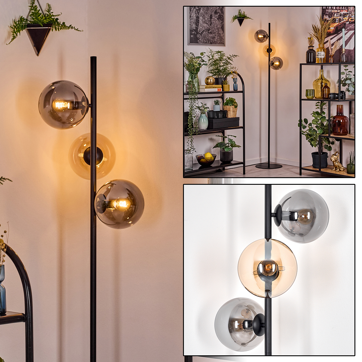 Eine moderne Stehlampe mit drei Glaskugelschirmen. Die Lampe steht in einer Ecke mit Regalen und Pflanzen im Hintergrund.