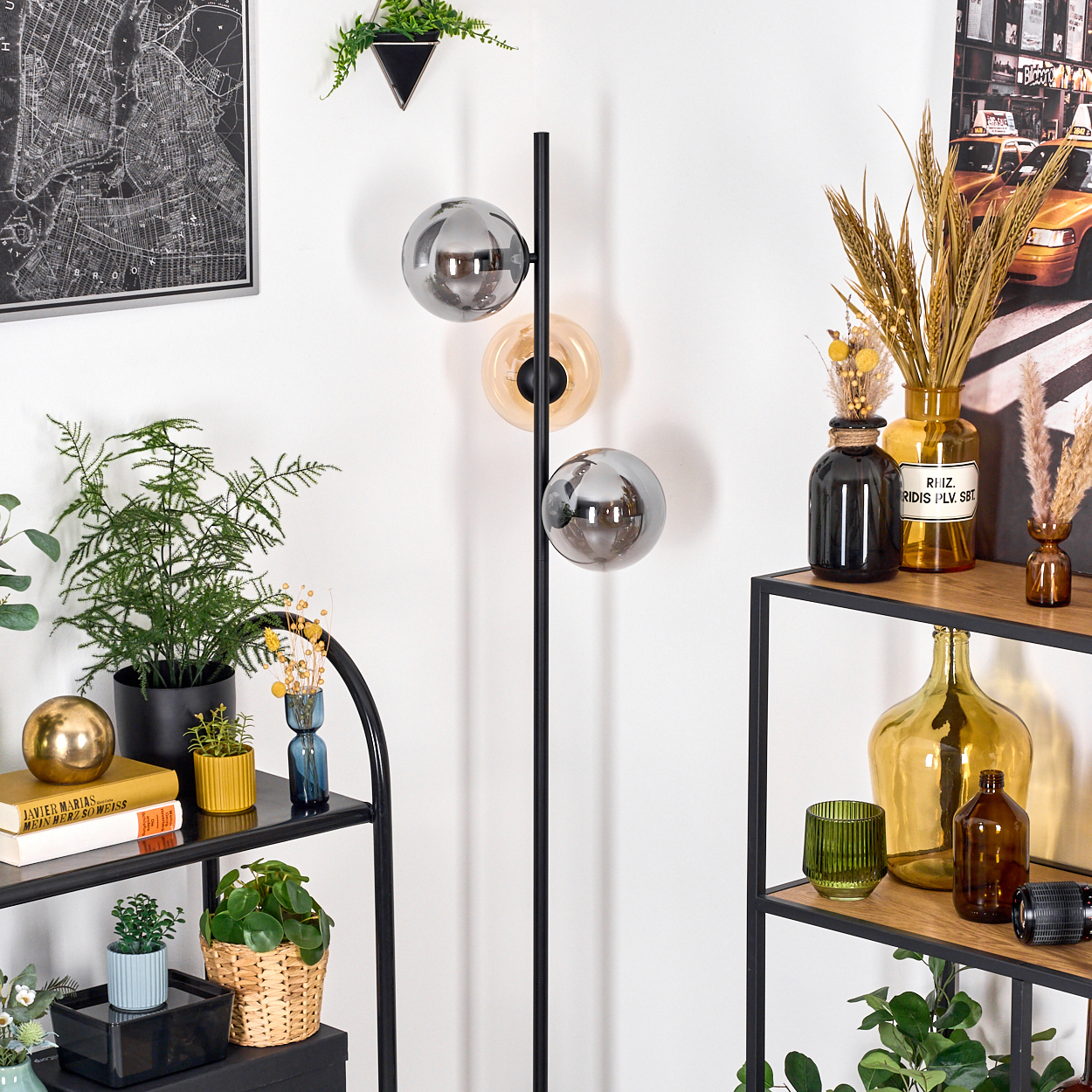 Ein Raum mit einem schwarzen Metallregal mit Pflanzen und Vasen. Eine hohe Lampe mit drei Glaskugeln. Eine Karte und ein Taxibild an der Wand.