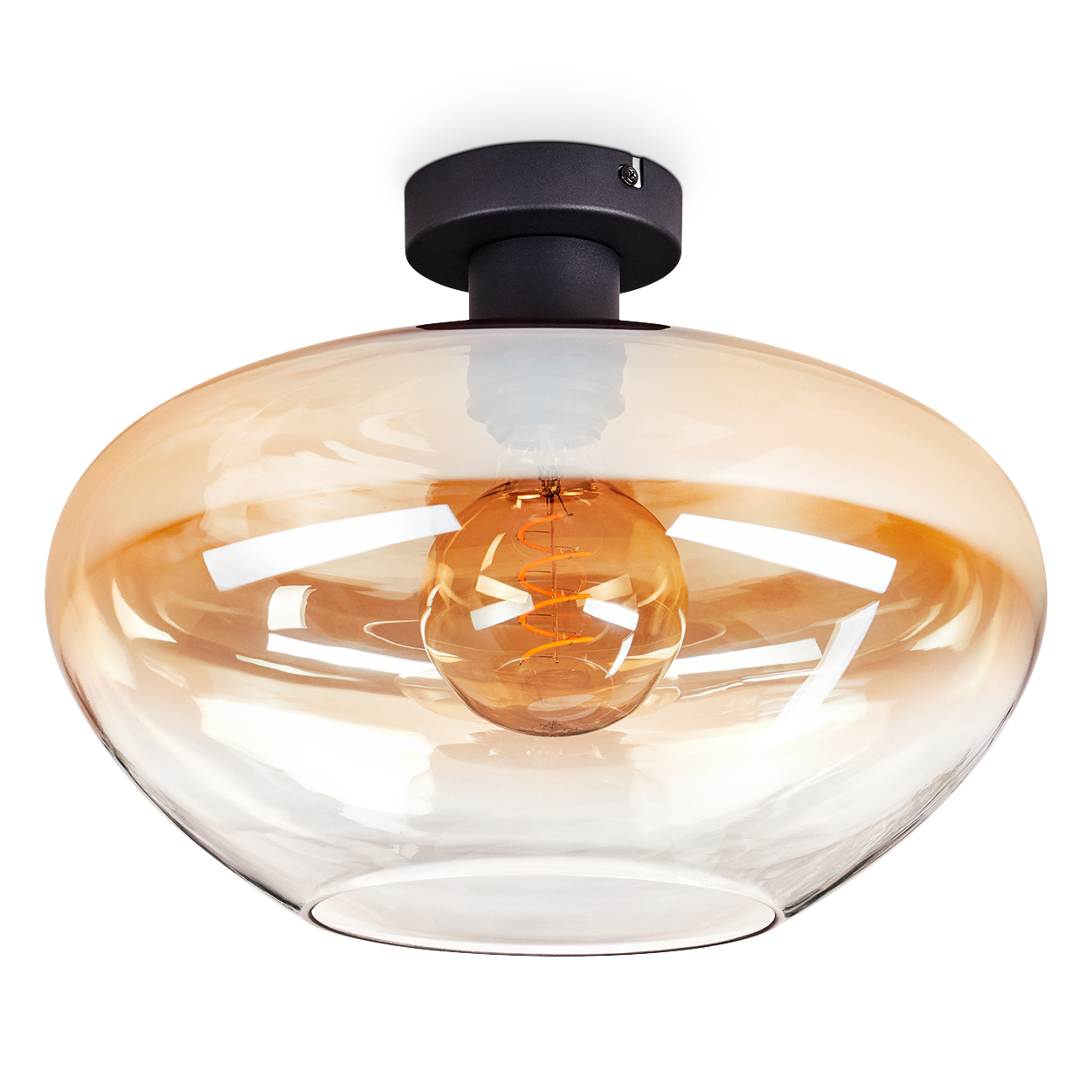 Eine moderne Deckenlampe. Sie hat einen transparenten Glasschirm mit Orangetönung, einen schwarzen Sockel und eine sichtbare Glühbirne.