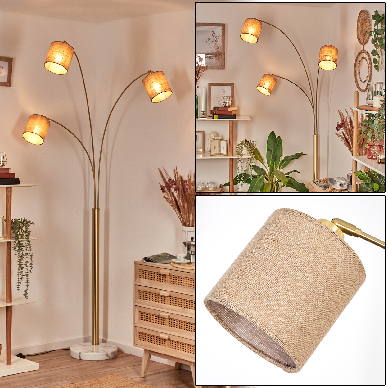 Eine Stehlampe mit vier Lampenschirmen. Sie hat einen Marmorsockel und ein goldenes Gestell. Es gibt einen Holzschrank und Regale mit Dekorationen.