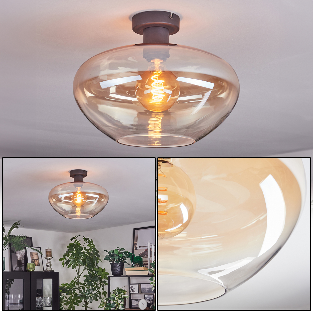 Eine moderne Deckenlampe mit braunem Sockel und Glasschirm. Im Inneren befindet sich eine warme Glühbirne.