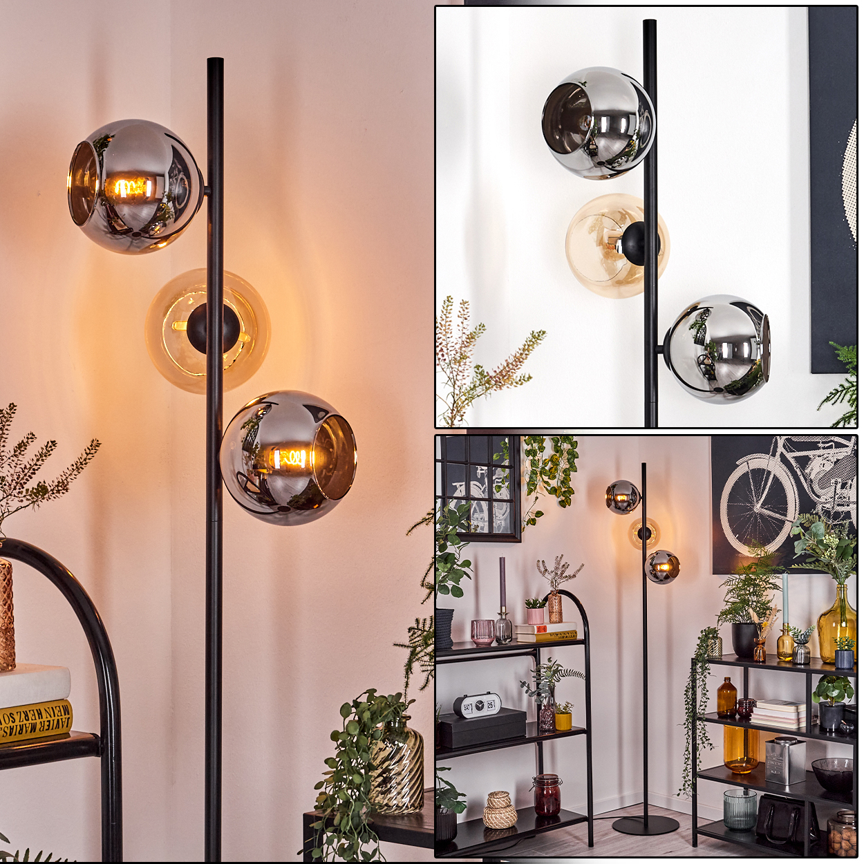 Eine moderne Stehlampe mit drei kugelförmigen Leuchten. Der Raum hat Regale mit Pflanzen und Dekoration, was eine gemütliche Atmosphäre schafft.
