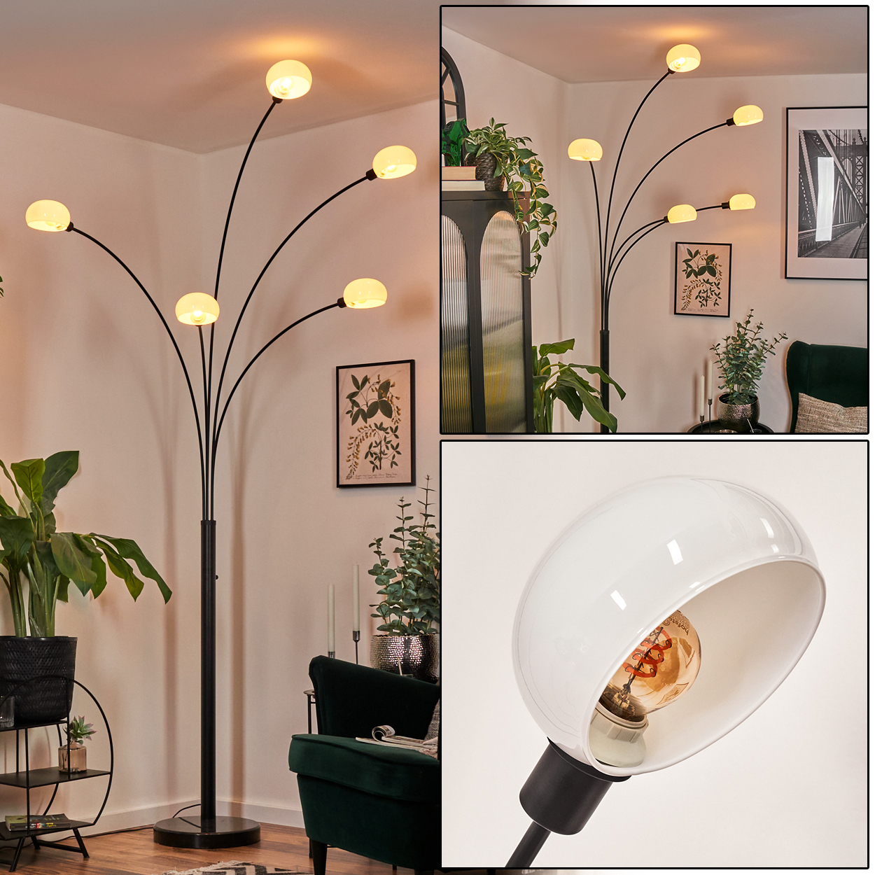 Eine moderne Stehlampe mit mehreren Köpfen. Die Lampe ist schwarz mit weißen, kugelförmigen Schirmen. Der Raum hat Pflanzen und Kunst.