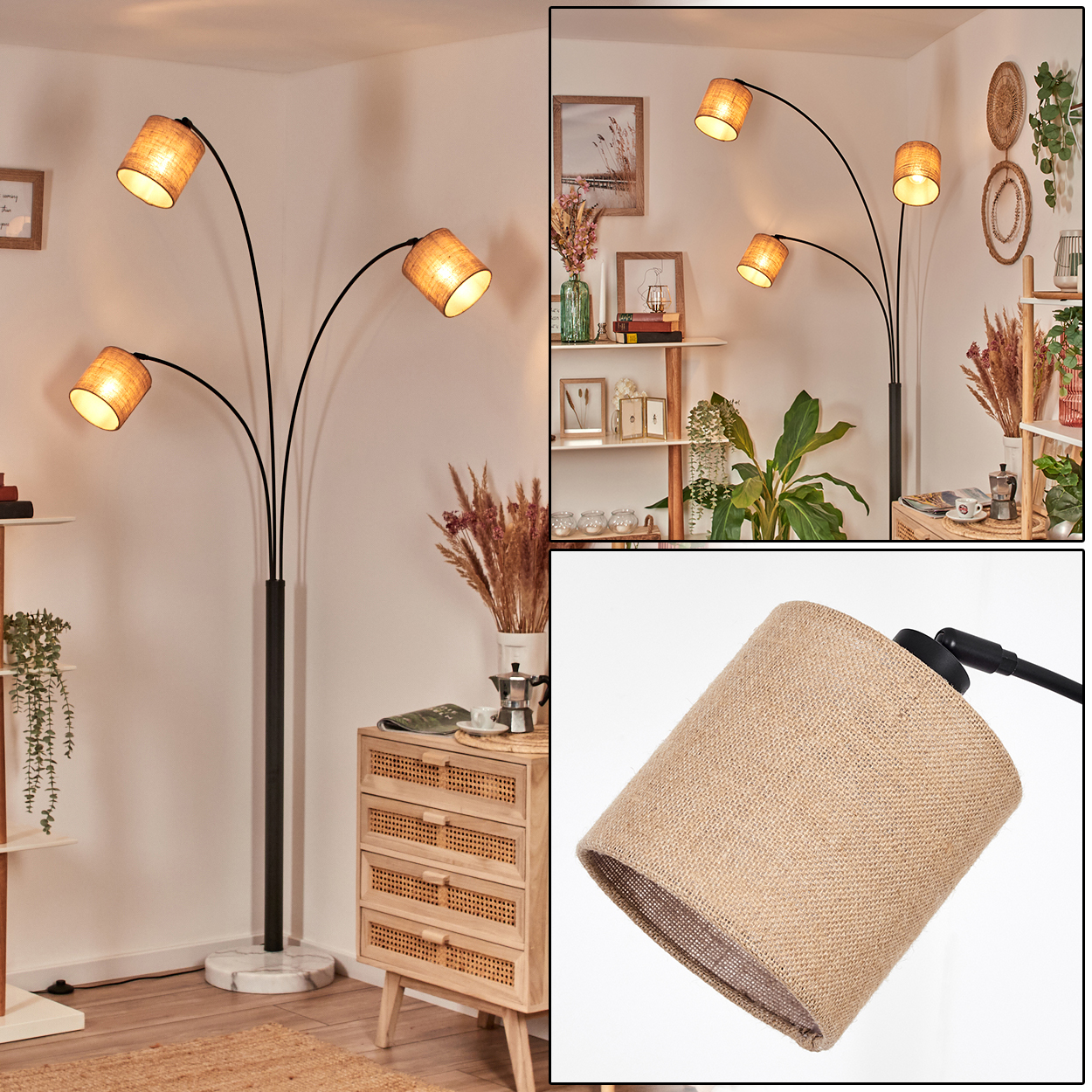Eine Stehlampe mit vier Schirmen. Die Schirme sind beige, der Ständer schwarz und der Sockel weiß. Es gibt einen Holzschrank.