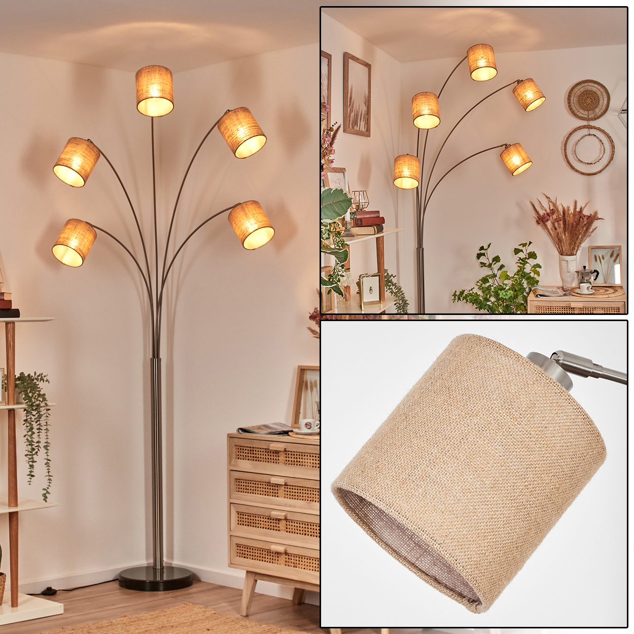 Eine Stehlampe mit sechs Lampenschirmen. Die Lampenschirme sind beige und die Lampe hat ein dunkles Metallgestell. Es ist in einem Raum mit Möbeln.