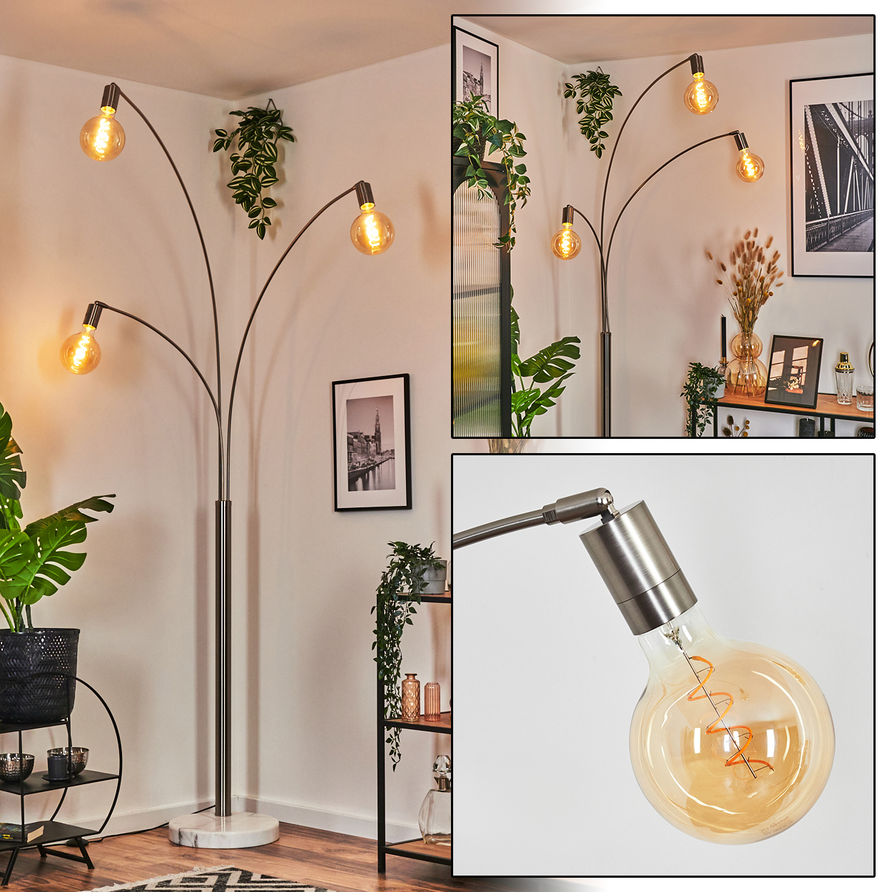 Eine moderne Stehlampe mit vier Glühbirnen. Der Raum hat Pflanzen, Bilder und ein Regal. Die Glühbirnen leuchten, und die Wände sind weiß.