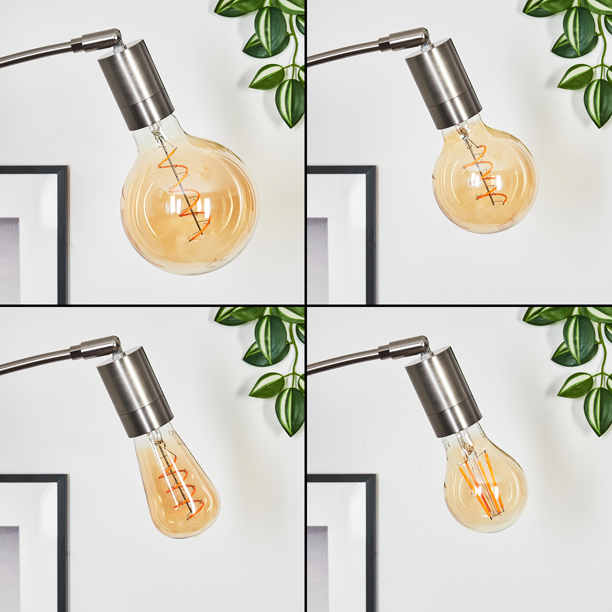 Vier Nahaufnahmen verschiedener Glühbirnen in einer Lampe. Die Glühbirnen haben einen orangefarbenen Schein und sind vor einer weißen Wand mit Pflanzen angeordnet.